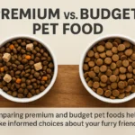 Side-by-side bowls of premium and budget pet food highlighting the differences in ingredients and quality