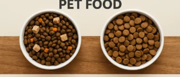 Side-by-side bowls of premium and budget pet food highlighting the differences in ingredients and quality