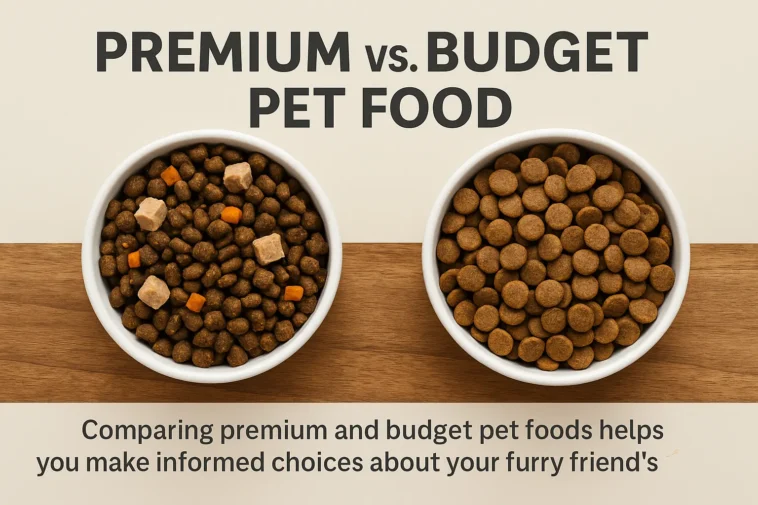 Side-by-side bowls of premium and budget pet food highlighting the differences in ingredients and quality