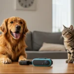 RC pet training collar next to a golden retriever and tabby cat on a table in a cozy home