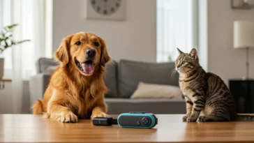 RC pet training collar next to a golden retriever and tabby cat on a table in a cozy home