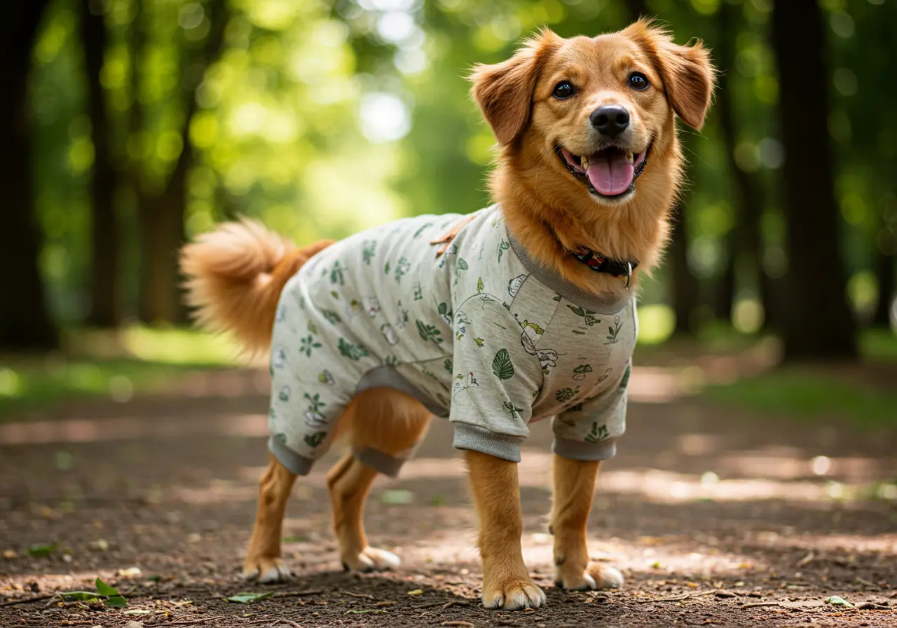 Happy dog wearing an eco-friendly organic cotton outfit with a nature-inspired pattern, standing in a park surrounded by greenery.