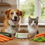Healthy dog and cat enjoying plant-based vegan food in a cozy kitchen setting, with fresh vegetables like carrots, peas, and sweet potatoes on the table.