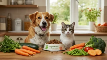 Healthy dog and cat enjoying plant-based vegan food in a cozy kitchen setting, with fresh vegetables like carrots, peas, and sweet potatoes on the table.