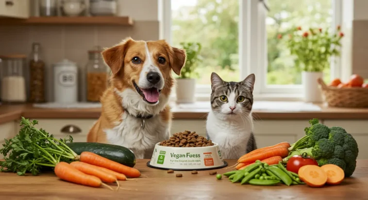 Healthy dog and cat enjoying plant-based vegan food in a cozy kitchen setting, with fresh vegetables like carrots, peas, and sweet potatoes on the table.