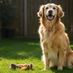 An elderly Golden Retriever sitting in a sunlit backyard, smiling with a colorful dog toy nearby, after performing a trick. The soft green grass and peaceful surroundings emphasize a sense of achievement and joy in the older dog.
