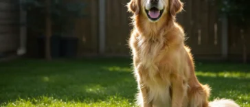 An elderly Golden Retriever sitting in a sunlit backyard, smiling with a colorful dog toy nearby, after performing a trick. The soft green grass and peaceful surroundings emphasize a sense of achievement and joy in the older dog.