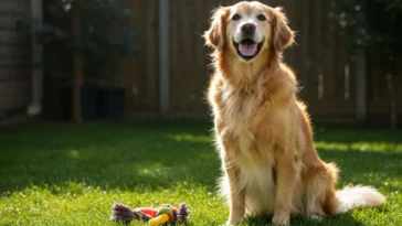 An elderly Golden Retriever sitting in a sunlit backyard, smiling with a colorful dog toy nearby, after performing a trick. The soft green grass and peaceful surroundings emphasize a sense of achievement and joy in the older dog.