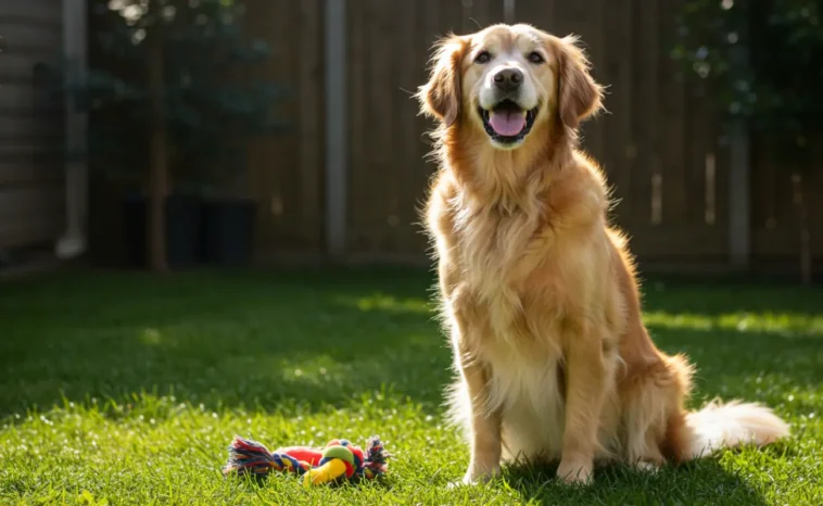 An elderly Golden Retriever sitting in a sunlit backyard, smiling with a colorful dog toy nearby, after performing a trick. The soft green grass and peaceful surroundings emphasize a sense of achievement and joy in the older dog.