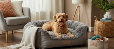 Happy dog lounging on a plush pet bed surrounded by toys in a cozy and comfortable living space, designed for pampering pets.