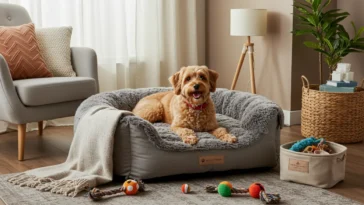 Happy dog lounging on a plush pet bed surrounded by toys in a cozy and comfortable living space, designed for pampering pets.