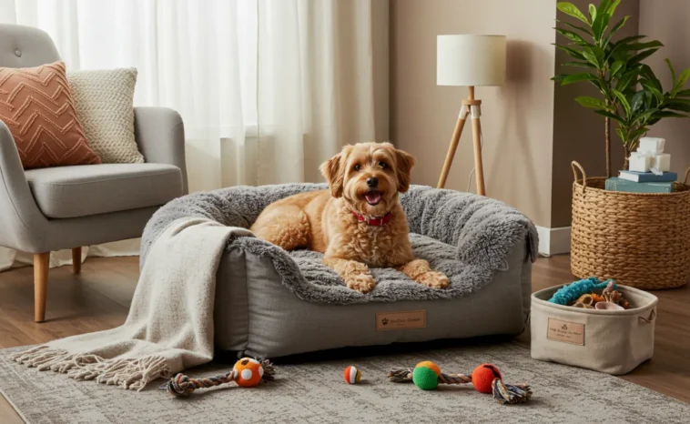 Happy dog lounging on a plush pet bed surrounded by toys in a cozy and comfortable living space, designed for pampering pets.