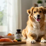 Happy dog with healthy fur sitting in a cozy room surrounded by allergy-friendly dog food, salmon, sweet potatoes, and Omega-3 supplements.