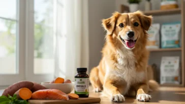 Happy dog with healthy fur sitting in a cozy room surrounded by allergy-friendly dog food, salmon, sweet potatoes, and Omega-3 supplements.