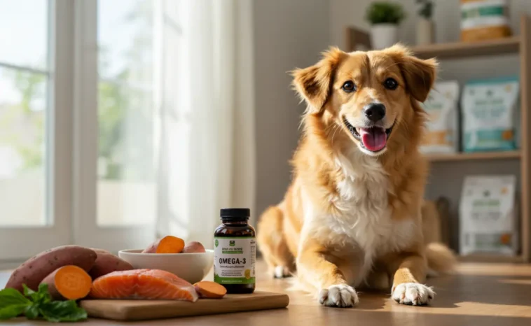 Happy dog with healthy fur sitting in a cozy room surrounded by allergy-friendly dog food, salmon, sweet potatoes, and Omega-3 supplements.