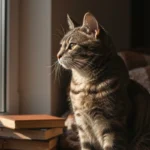 Curious cat sitting quietly, reflecting a thoughtful and mysterious expression.