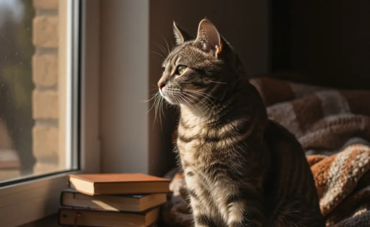 Curious cat sitting quietly, reflecting a thoughtful and mysterious expression.