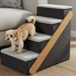 Small dog using indoor pet stairs to climb onto a couch safely and comfortably