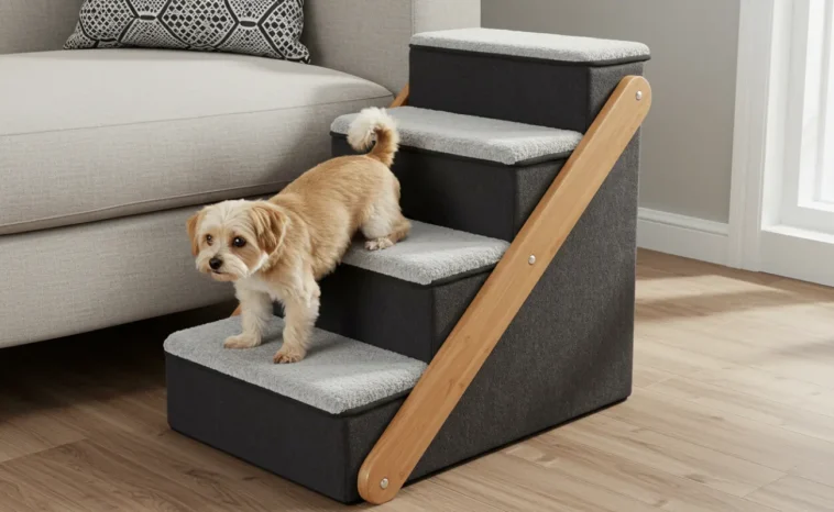 Small dog using indoor pet stairs to climb onto a couch safely and comfortably
