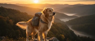 Golden retriever wearing a hiking backpack standing on a rocky cliff at sunrise, overlooking a misty valley.