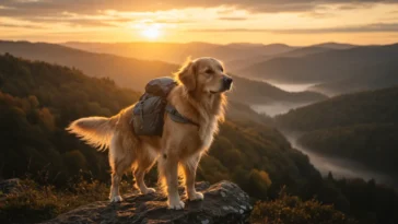 Golden retriever wearing a hiking backpack standing on a rocky cliff at sunrise, overlooking a misty valley.
