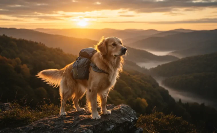 Golden retriever wearing a hiking backpack standing on a rocky cliff at sunrise, overlooking a misty valley.