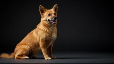 A relaxed dog meditating on a soft cushion in a peaceful, cozy living room with soft sunlight and calming decor, promoting pet relaxation and stress relief.