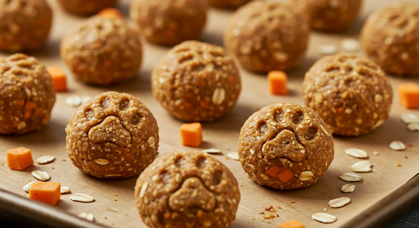 Close-up of homemade peanut butter pup bites made with whole grains, coconut oil, and sweet potatoes, placed on a baking sheet with pawprint patterns, ready for baking.