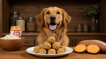 Golden retriever eagerly waiting for homemade peanut butter pup bites in a rustic kitchen with fresh ingredients like oats, sweet potatoes, and peanut butter.