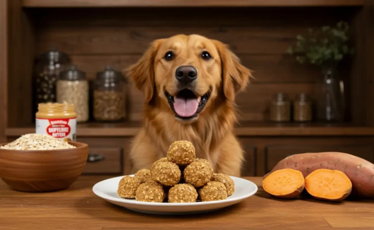 Golden retriever eagerly waiting for homemade peanut butter pup bites in a rustic kitchen with fresh ingredients like oats, sweet potatoes, and peanut butter.