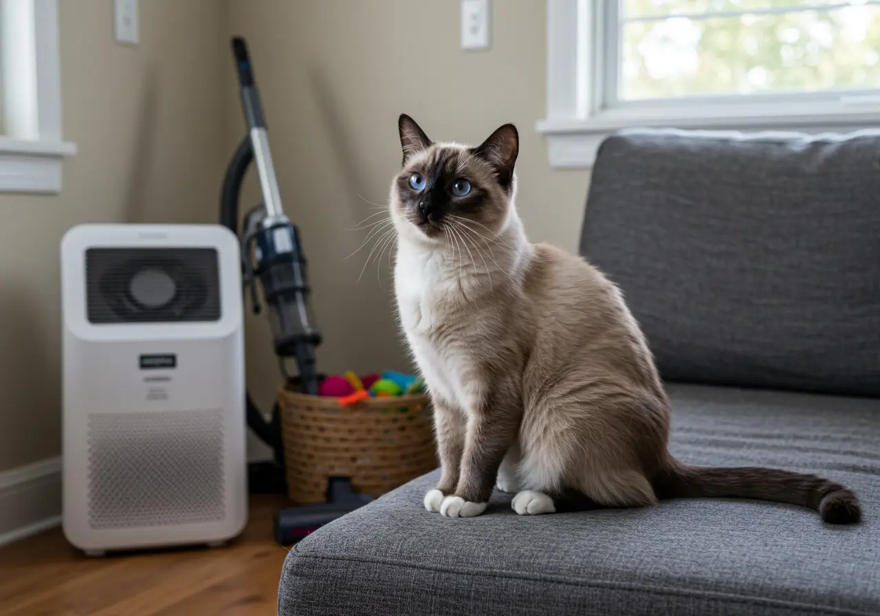 Are Snowshoe Cats Hypoallergenic?  Snowshoe cat with blue eyes and white paws sitting on a sofa in an allergy-friendly living room. A HEPA air purifier and vacuum cleaner are visible in the scene to manage allergens.