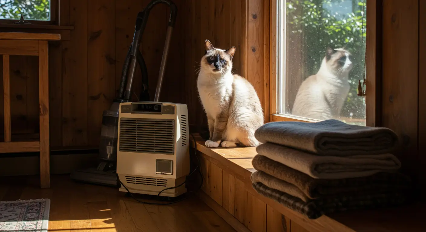 Snowshoe cat with blue eyes and white paws sitting on a sofa in an allergy-friendly living room. A HEPA air purifier and vacuum cleaner are visible in the scene to manage allergens. Are Snowshoe Cats Hypoallergenic