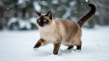 A Snowshoe cat with striking blue eyes and white paws sits on a plush sofa in a well-lit living room. A HEPA air purifier and vacuum cleaner are visible in the background, reflecting a clean, allergen-conscious environment.
