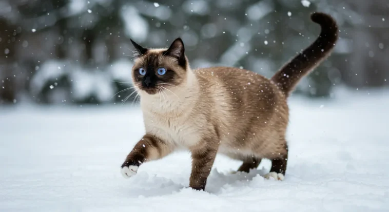 A Snowshoe cat with striking blue eyes and white paws sits on a plush sofa in a well-lit living room. A HEPA air purifier and vacuum cleaner are visible in the background, reflecting a clean, allergen-conscious environment.