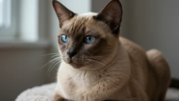 A Burmese cat with a sleek, short coat, sitting comfortably and showcasing hypoallergenic traits. Its minimal shedding and calm expression emphasize its suitability for allergy sufferers.