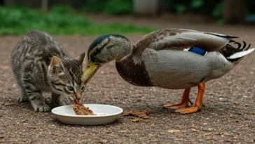A curious duck approaching a bowl of dry cat food, with a concerned owner watching nearby.