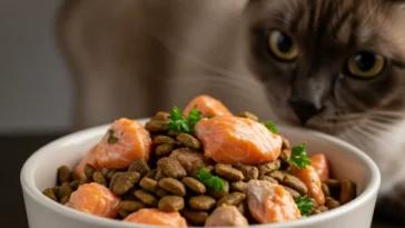 A sleek Burmese cat with a glossy coat enjoying a bowl of high-quality Burmese cat food in a cozy kitchen setting, showcasing the importance of proper nutrition for this energetic breed.