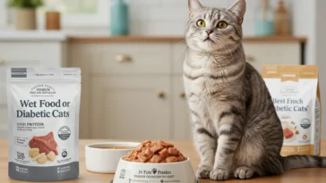 A close-up of a healthy cat eating wet food from a bowl, showcasing the best wet food for diabetic cats