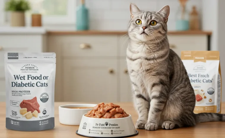 A close-up of a healthy cat eating wet food from a bowl, showcasing the best wet food for diabetic cats