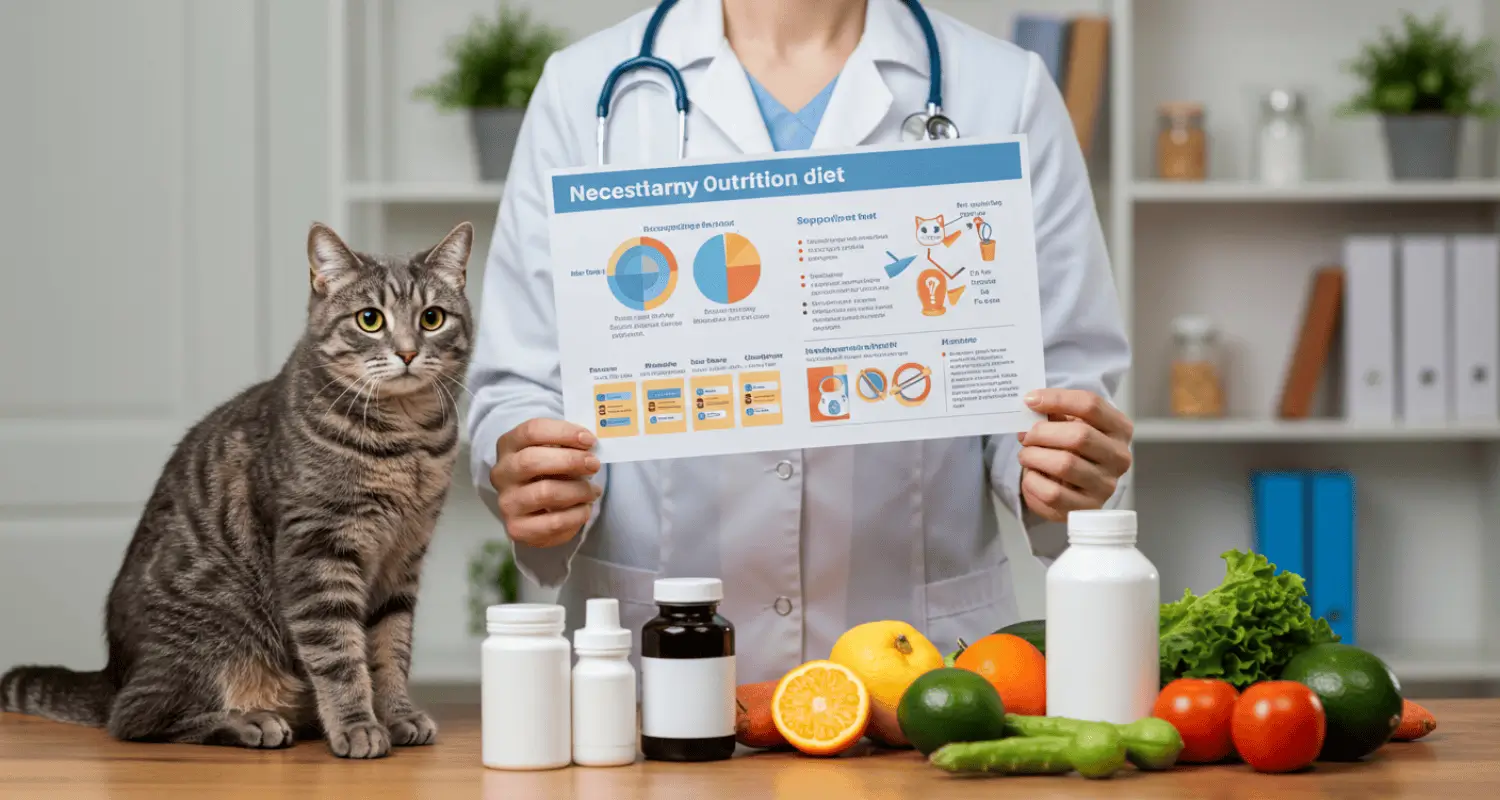 Veterinarian explaining cat supplements for homemade food with a curious cat and dietary ingredients on the table.