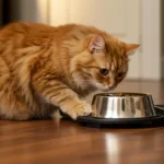 Cat tries to bury food by scratching near its bowl