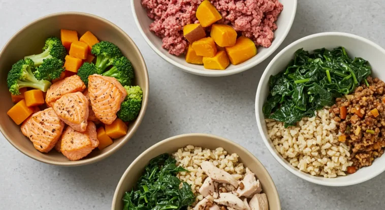 Homemade cat food in a bowl with fresh, natural ingredients for a balanced feline diet.