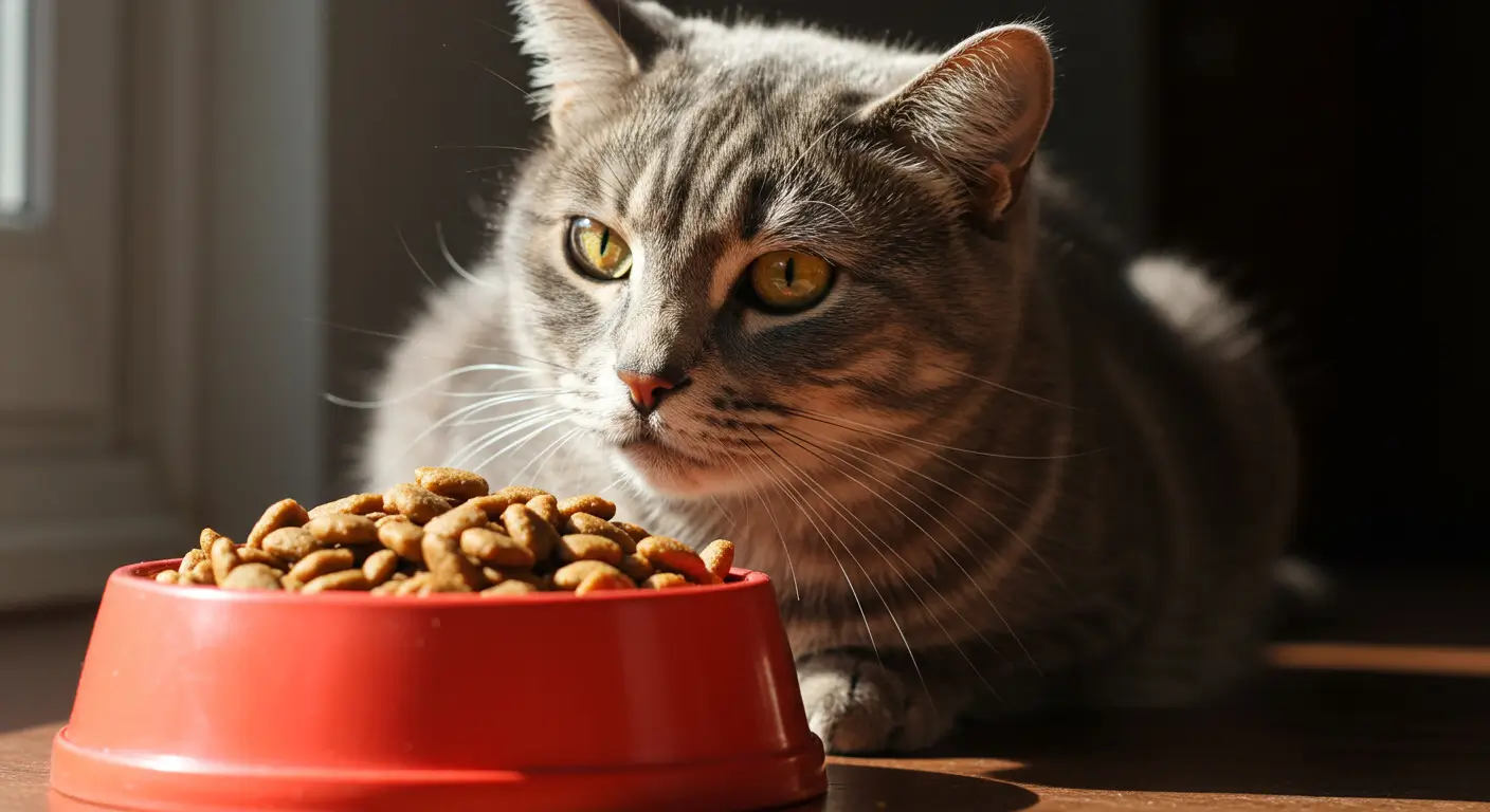 Cat avoiding dry food due to possible dental issues or health concerns.