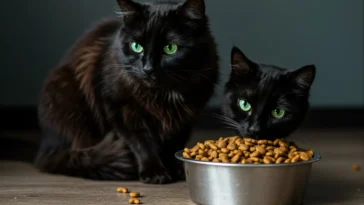 Cat avoiding dry food due to possible dental issues or health concerns.