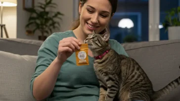 A cat owner feeding their happy cat a treat, showcasing the bond between cat and food.