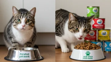 A cat in a kitchen with groceries and an EBT card, illustrating the question, can you buy cat food with food stamps?