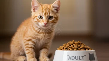 Can a kitten eat adult cat food? A curious kitten sitting next to a bowl of adult cat food.