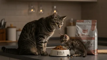 An adult cat and kitten interacting with a bowl of kitten food, illustrating the question: Can an adult cat eat kitten food?