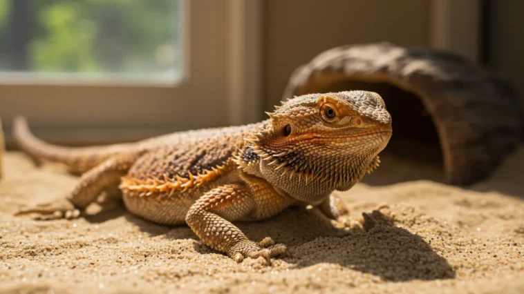 Bearded dragon digging in substrate inside its tank.