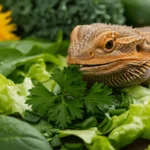 A healthy bearded dragon eating a fresh salad with parsley, kale, bell peppers, and other vegetables in a bright, natural setting.